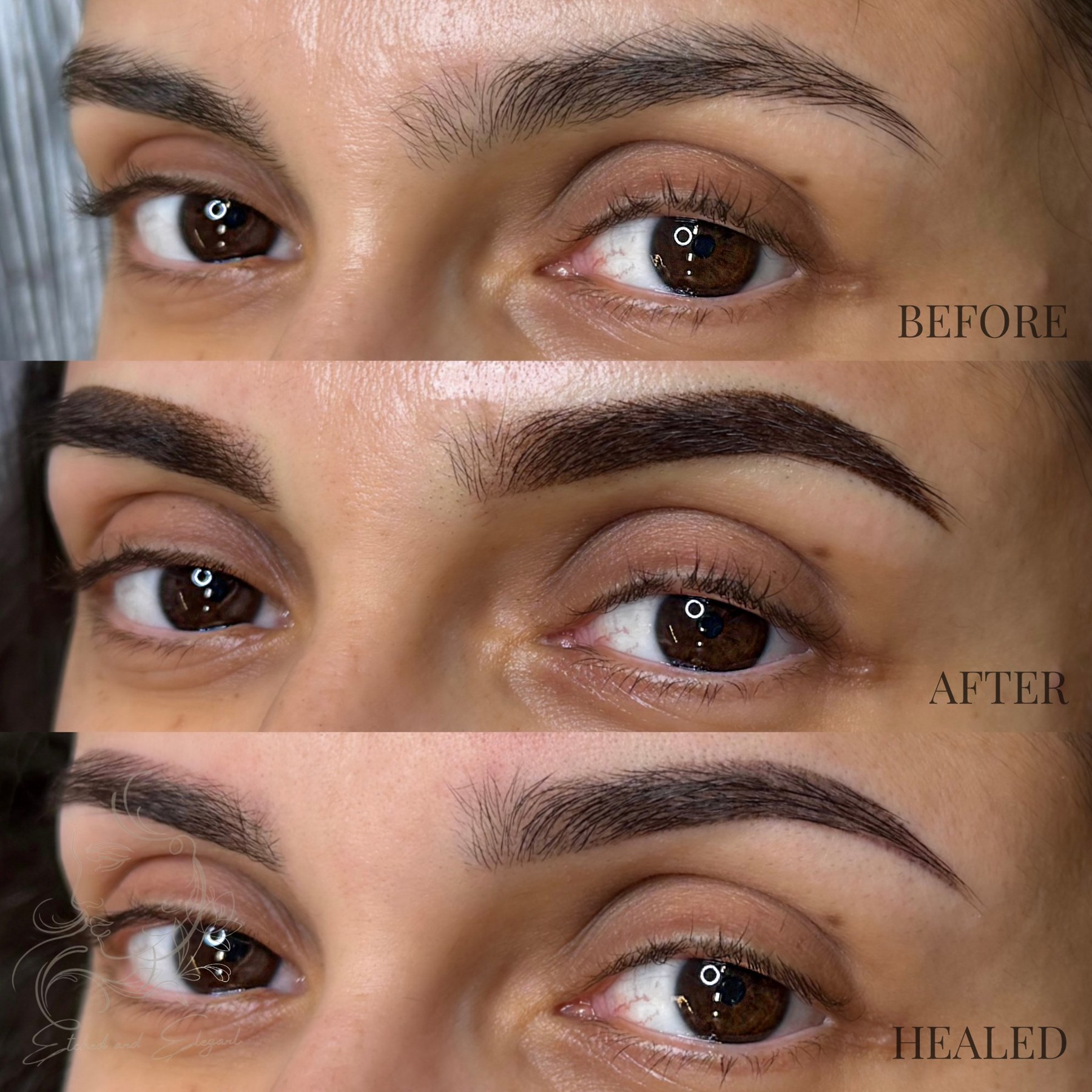 Ombré brows before, after, and healed